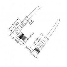 Cable Assembly, A Code - M8 3pins A code male right angle to female straight molded cable, unshielded, PVC, -10°C~+80°C, 24AWG 0.25mm²